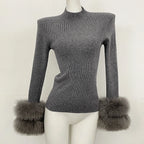 OFTBUY Luxury Mock Neck Ribbed Knit Top with Oversized 100% Real Fox Fur Cuffs