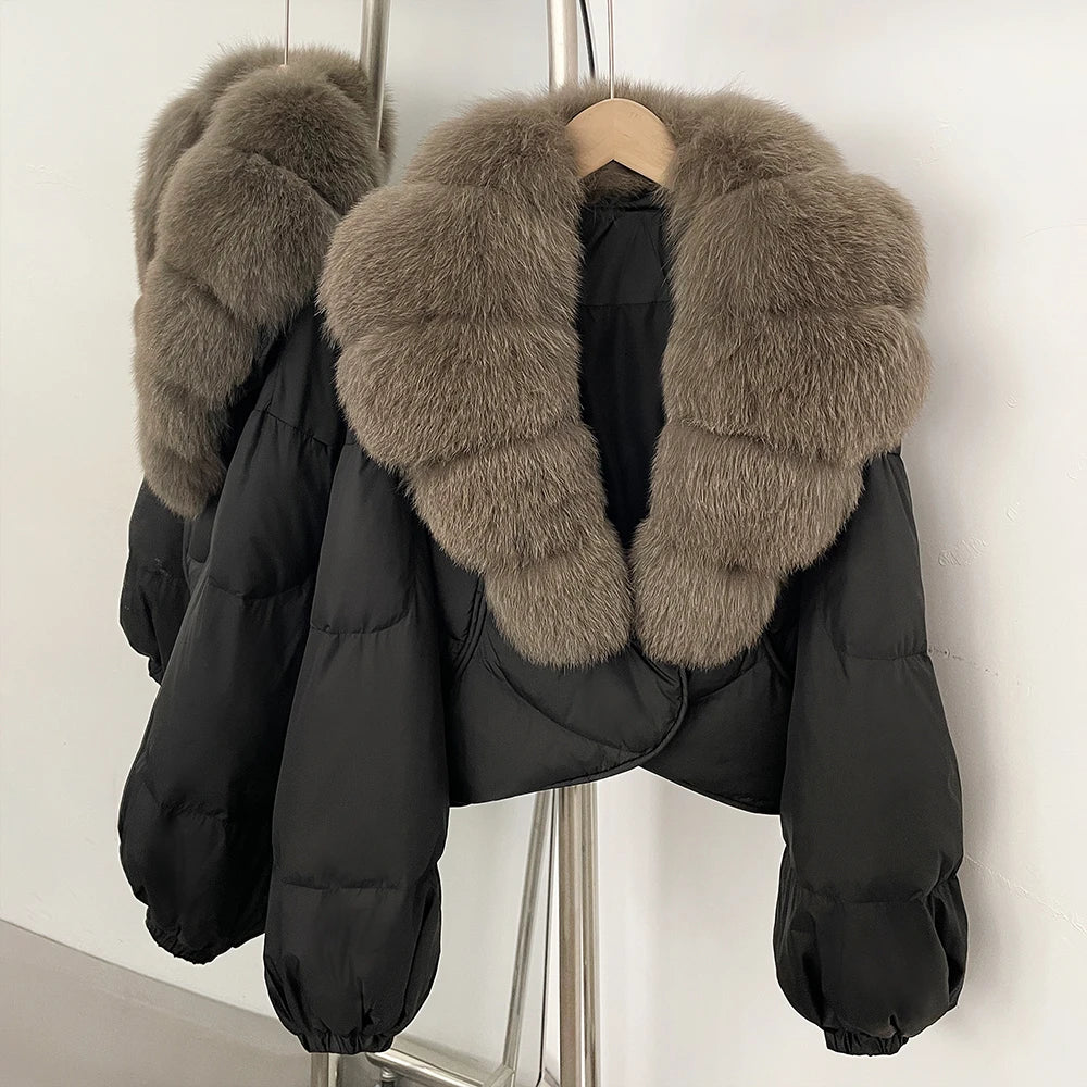 OFTBUY New Winter Real Fox Fur Short Puffer Jackets Women Natural Thick Warm 90% White Duck Down Cropped Loose Waterproof Coat