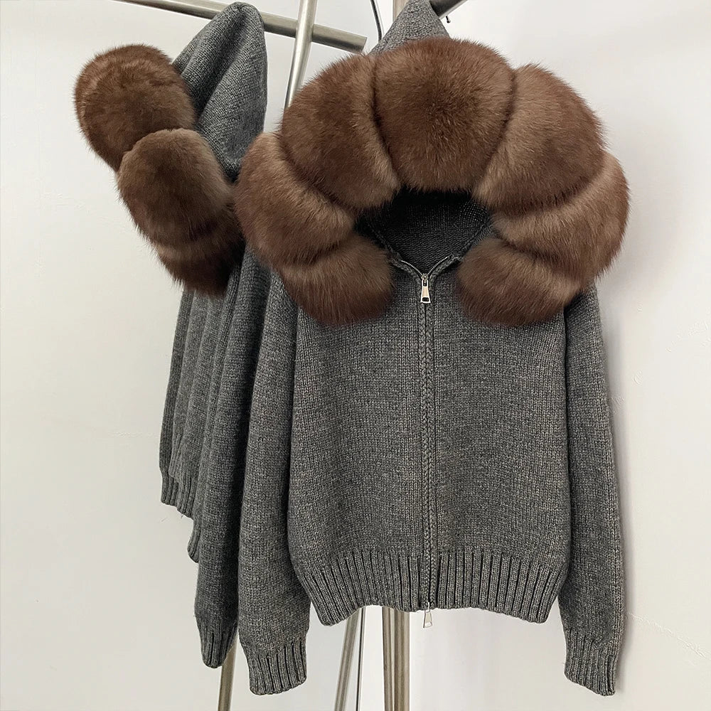 OFTBUY Luxury Knitted Zip-Up Hoodie with Oversized Real Fox Fur Hood - Premium Apres-Ski Luxe Loungewear
