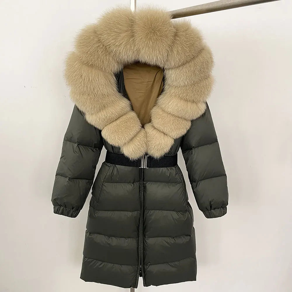 OFTBUY New Natural Thick Warm Duck Down Coat Female Long Winter Jacket Women Real Big Fox Fur Collar Belt Loose Puffer Parka