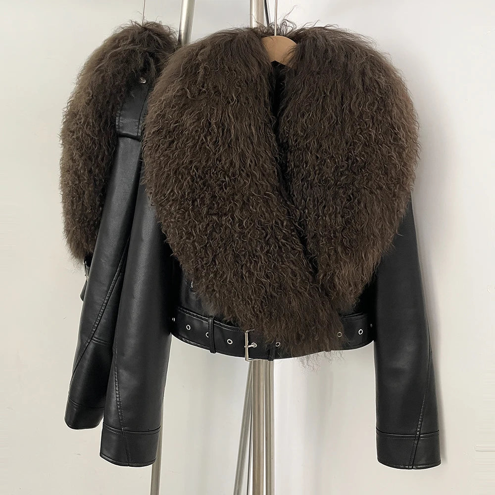 OFTBUY New Autumn Winter Clothes Women Fashion Warm Short Faux Leather Jacket Female Luxury Real Mongolia Sheep Fur Collar Coat