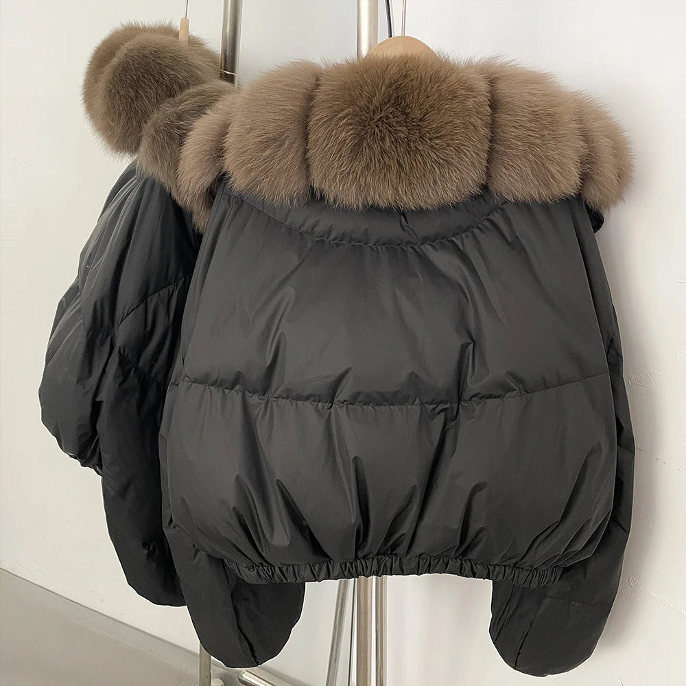 OFTBUY New Winter Real Fox Fur Short Puffer Jackets Women Natural Thick Warm 90% White Duck Down Cropped Loose Waterproof Coat