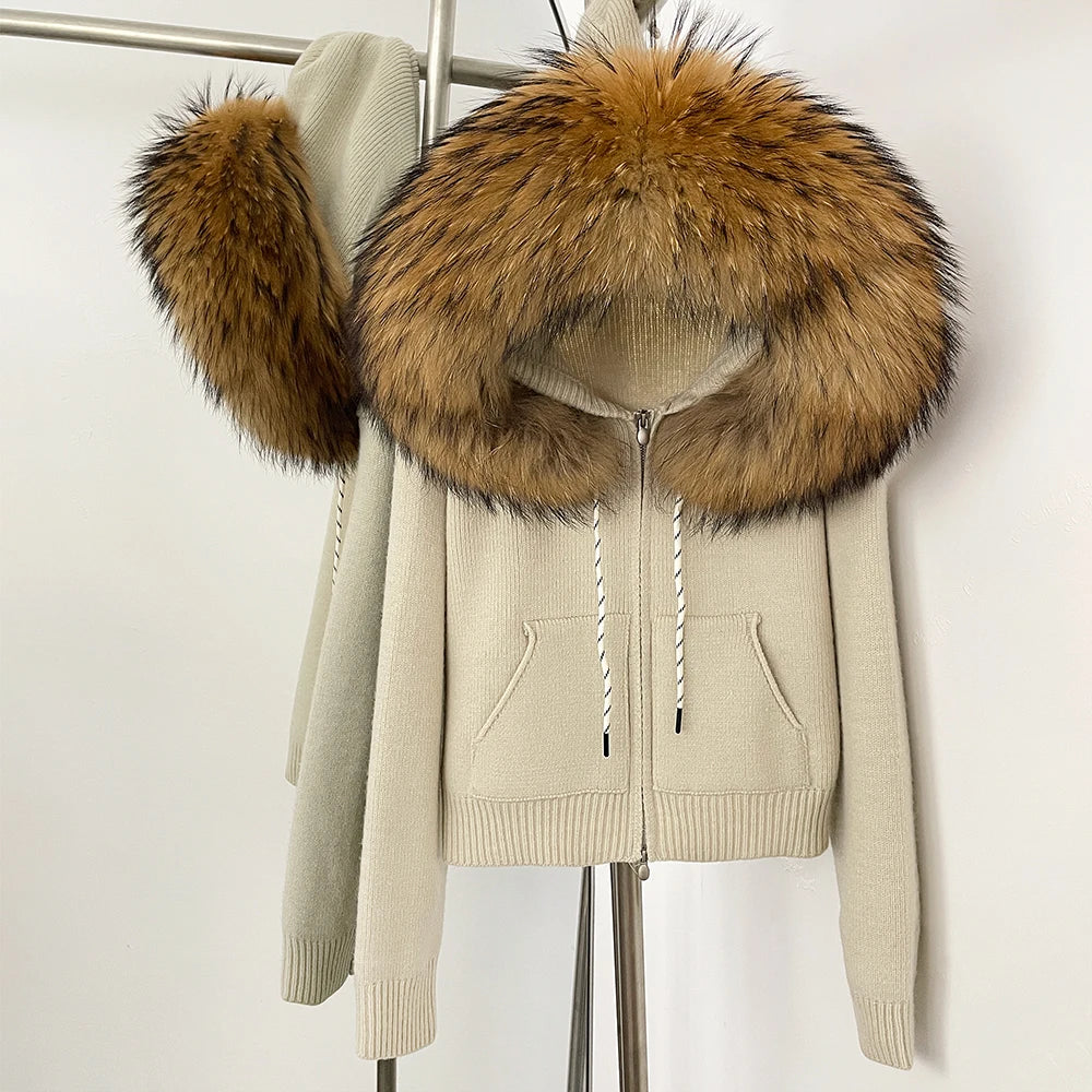 OFTBUY New Women's Beige Knit Hoodie with Large Real Fox Fur Trim Zipper Pockets Warm Winter Fashion Casual Outerwear Lady