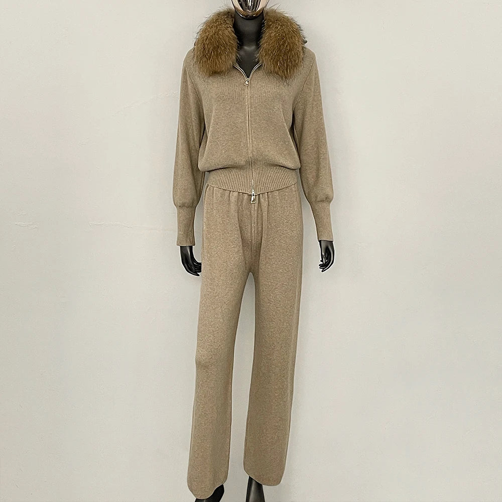 OFTBUY Winter New Women's Knitted Tracksuit Set with Fox Fur Collar Zipper Jacket Wide Leg Pants Luxury Casual Two-Piece Outfit