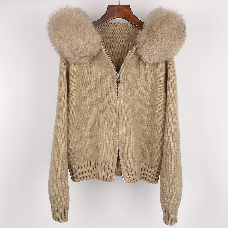 OFTBUY Luxury Knitted Zip-Up Hoodie with Oversized Real Fox Fur Hood - Premium Apres-Ski Luxe Loungewear