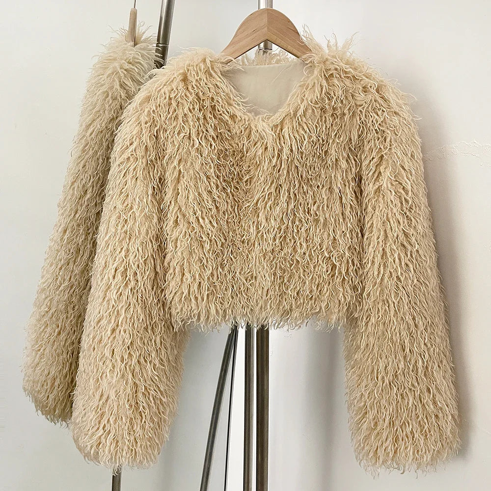 OFTBUY Faux Fur Coat for Women Fur Fluffy Autumn Short Fur Coat Eco-friendly Warm Female New Winter Jacket Long Sleeves O-neck