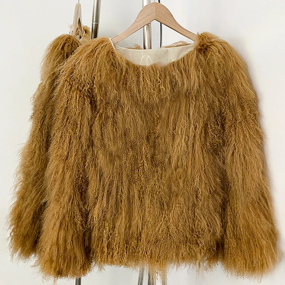 OFTBUY Warm Thick New Autumn Winter Luxury Outerwear Women's Camel Real Mongolian Sheep Fur Coat Curly Natural Fur Jacket Female