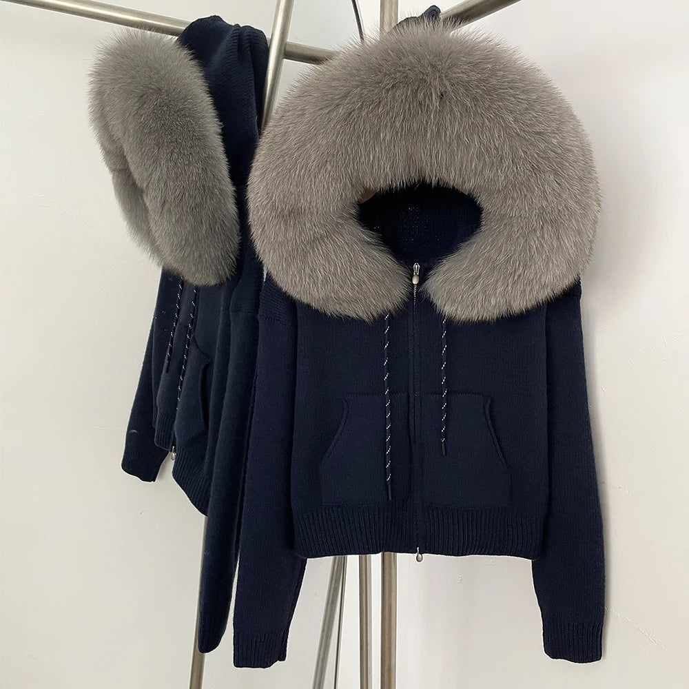 OFTBUY New Women's Beige Knit Hoodie with Large Real Fox Fur Trim Zipper Pockets Warm Winter Fashion Casual Outerwear Lady