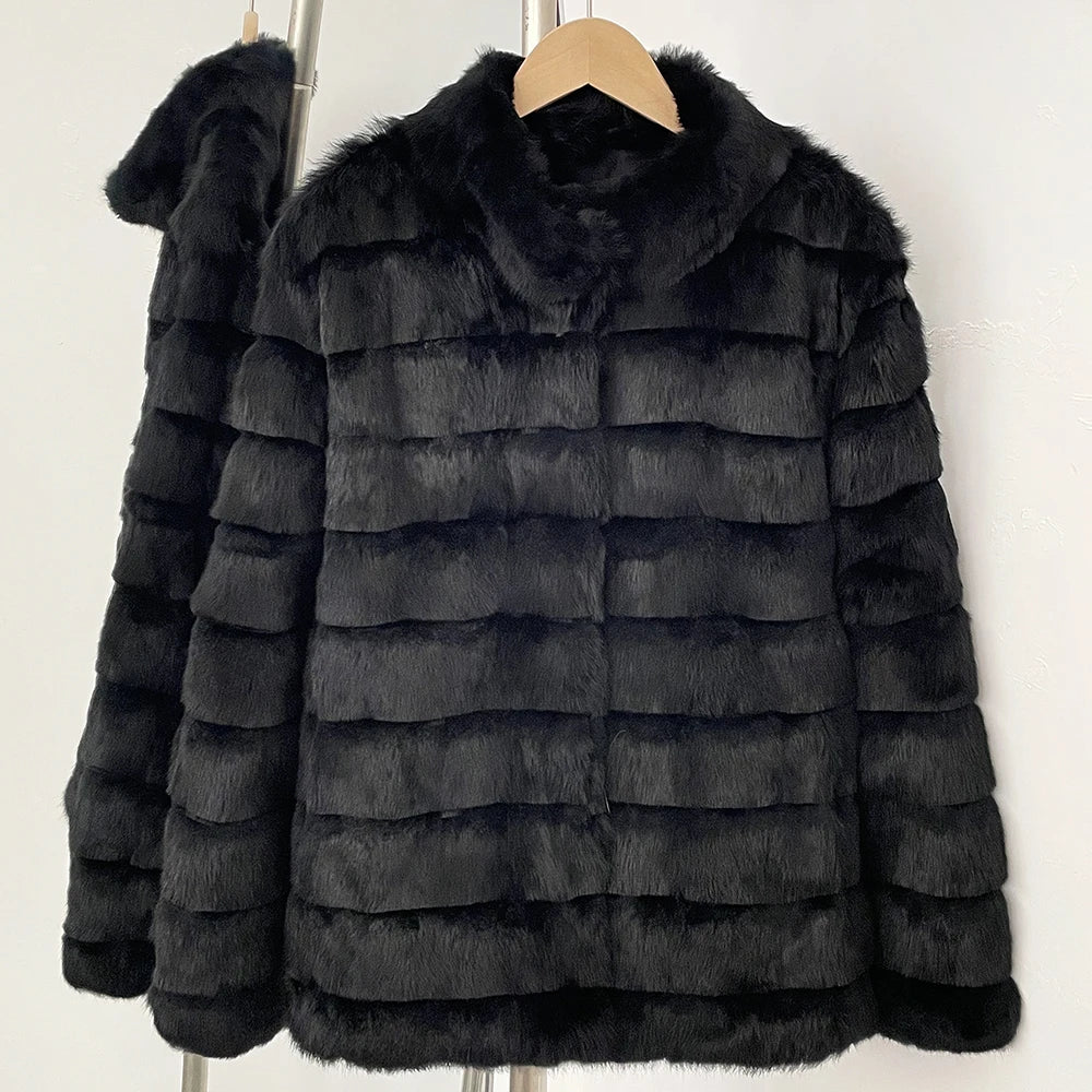 OFTBUY Classic Black 100% Real Rex Rabbit Fur Jacket - Velvet-Soft Tiered Short Winter Coat
