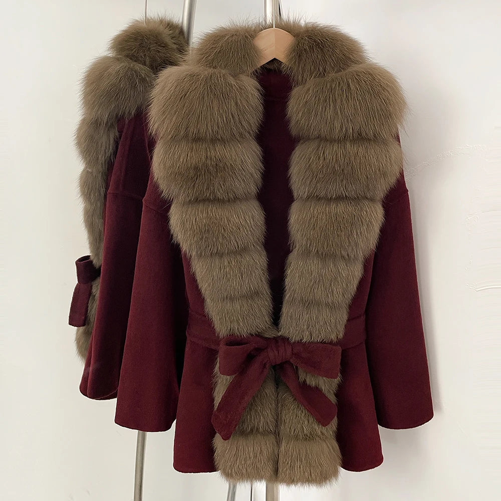 OFTBUY New Autumn Winter Clothes Women Big Natural Fox Fur Pinnacle 100% Wool Coat Female Belt Real Fur Collar Woolen Jacket