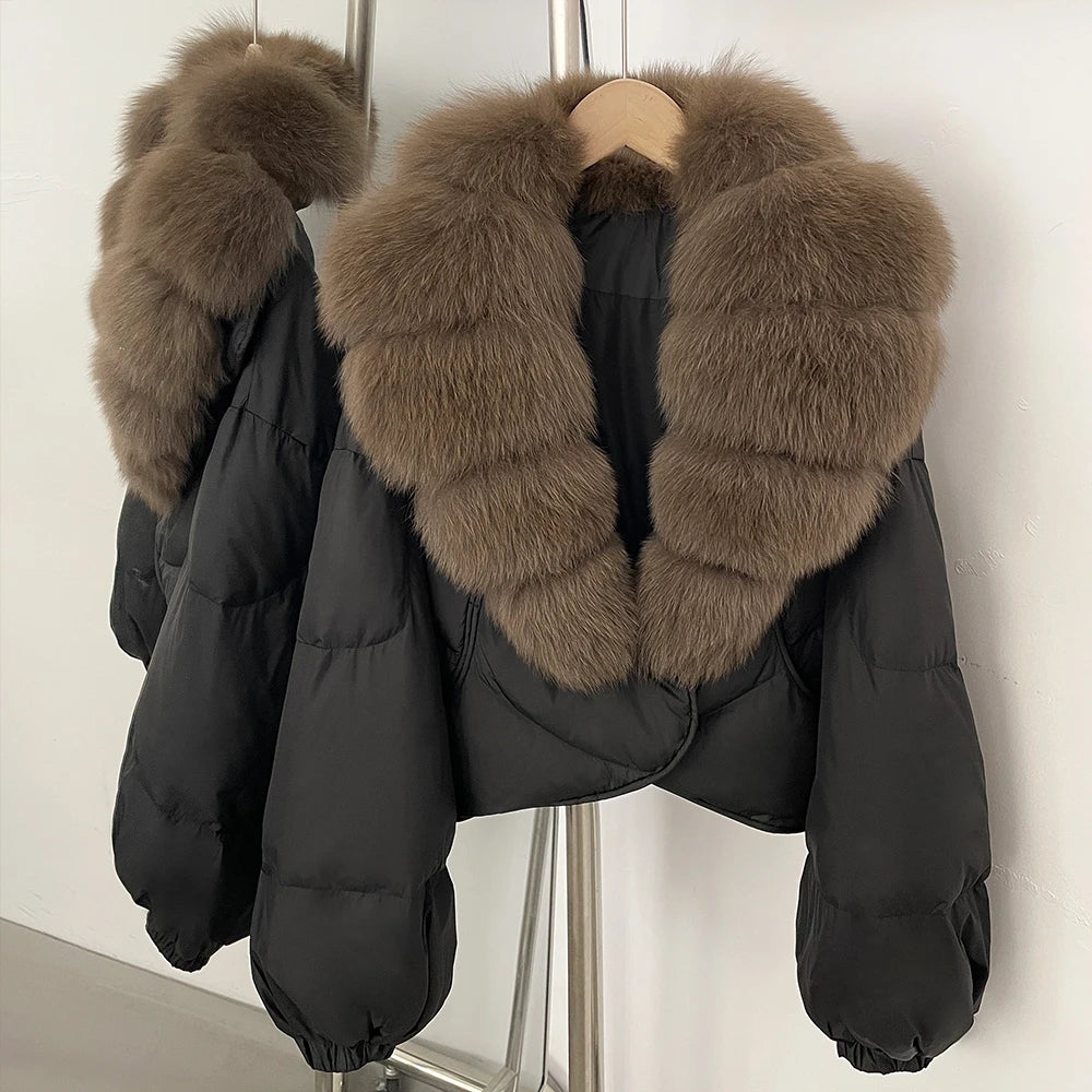 OFTBUY New Winter Real Fox Fur Short Puffer Jackets Women Natural Thick Warm 90% White Duck Down Cropped Loose Waterproof Coat