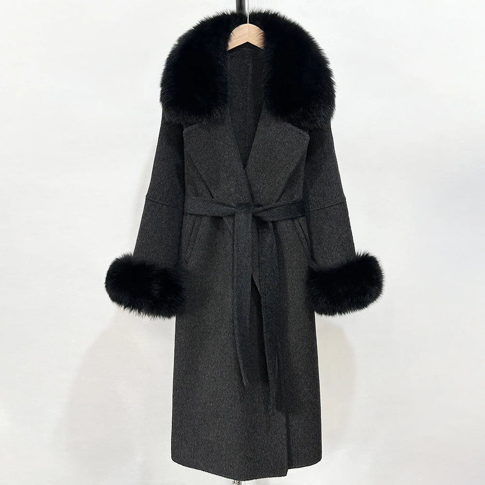 OFTBUY Fashion Warm Wool Coat with Real Fox Fur Collar New Autumn Winter Long Clothing Women Belt Elegant Woolen Jcacket Female