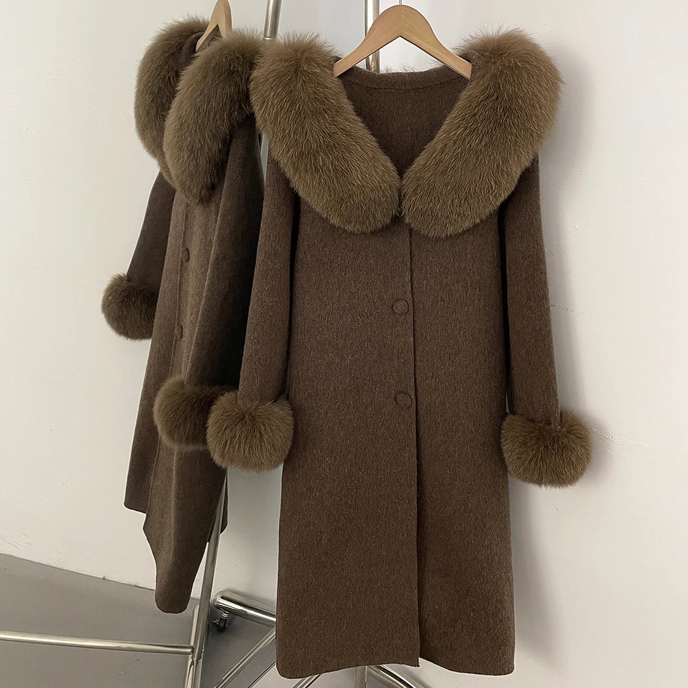 OFTBUY Pompoms Buttons Warm Winter Elegant Outerwear Female New Women's Double Face Wool Coat with Large Real Fox Fur Collar