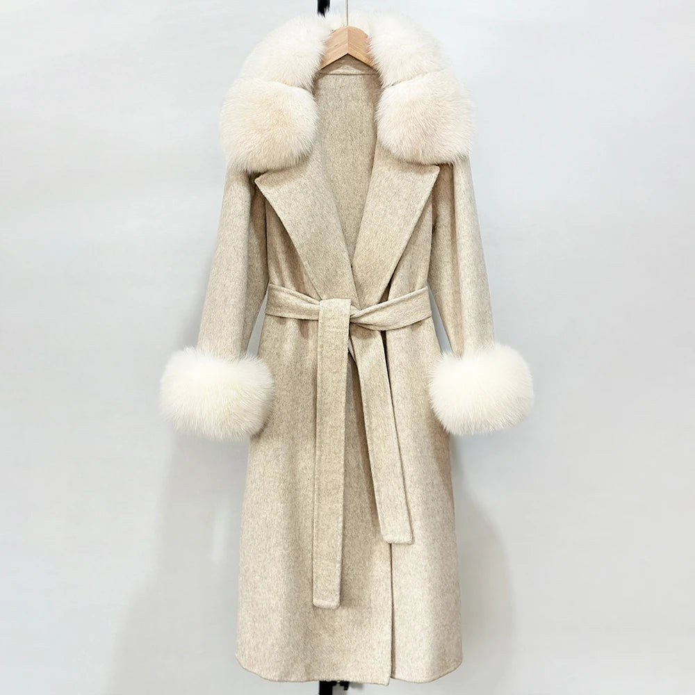 OFTBUY Belted Warm Winter Elegant Fashion Outerwear New Women's Double-Faced Wool Coat with Real Fox Fur Collar and Cuffs