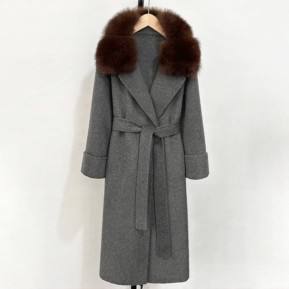 OFTBUY Belted Warm Winter Elegant Fashion Outerwear Female New Women's Double-Faced Wool Coat with Large Real Fox Fur Collar