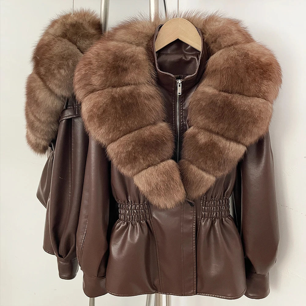 OFTBUY Women's Luxury Real Fox/Raccoon Fur Faux Leather Jacket Elastic Waist New Winter Coat Elegant PU Leather Outerwear Female