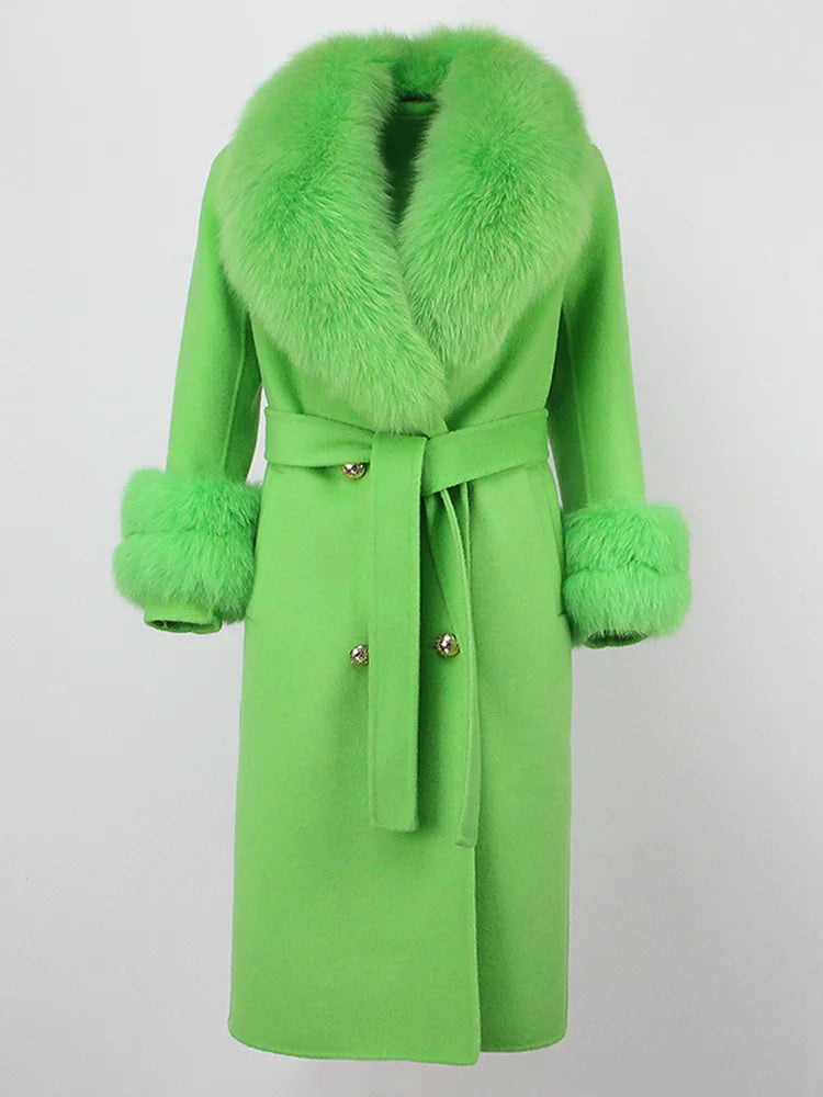 OFTBUY Winter Jacket Women Long Natural Wool Blends Cashmere Real Fur Coat Double Breasted Belt Warm Streetwear New Fashion