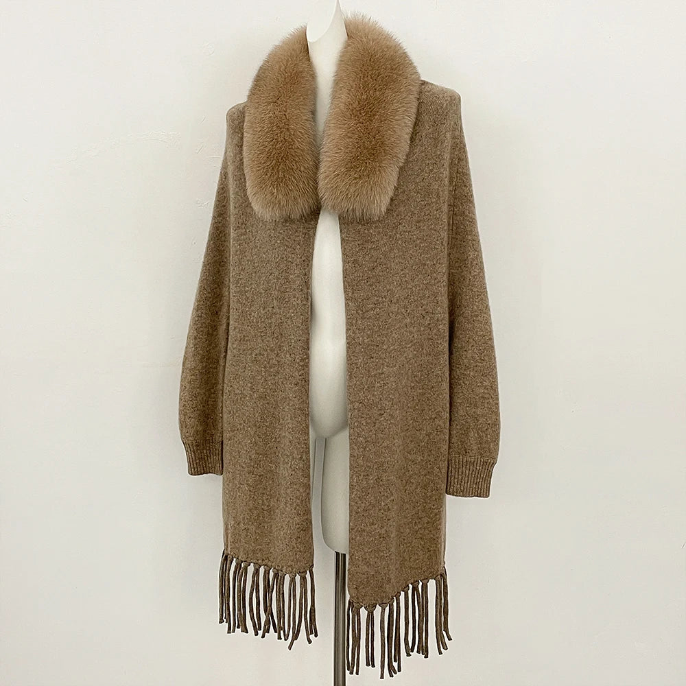 OFTBUY New Women's 100% Wool Knit Cape Coat with Real Fox Fur Collar Tassel Trim Warm Winter Elegant Outerwear Sweater Female