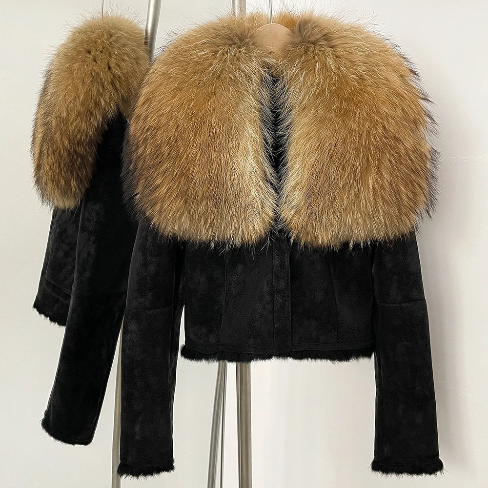 OFTBUY Luxury Suede Jacket with Real Rabbit Fur Lining & Oversized Fox/Raccoon Fur Collar