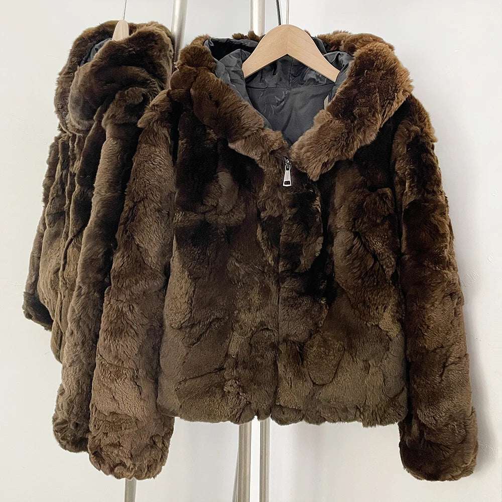 OFTBUY V-Neck Open Front Fur Jacket Female New Autumn Winter Outerwear Women's Brown Patchwork Real Rex Rabbit Fur Short Coat