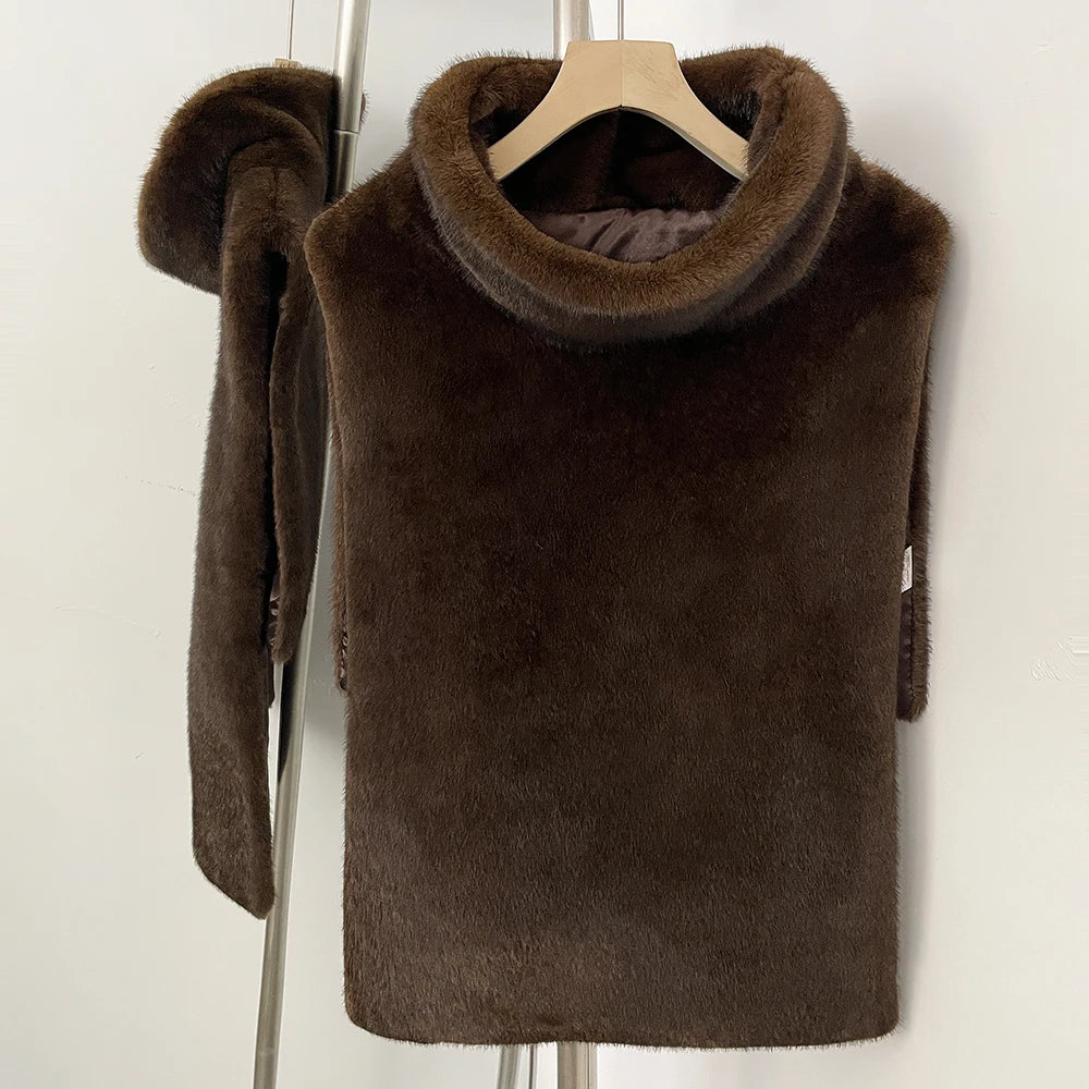 OFTBUY New Women's Faux Fur Sleeveless Gilet with Turtleneck Collar Soft Warm Beige Outerwear Winter Clothes Women Fashion Coats