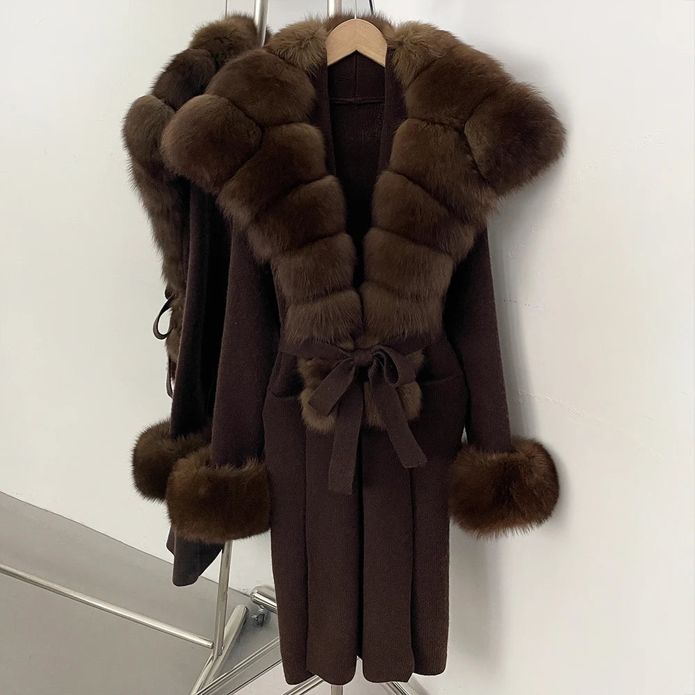 OFTBUY Fashion Warm Belt Real Fox Fur Cardigan New Natural Fur Collar Long Knit Jacket Women Atrumn Winter Top Clothing Female