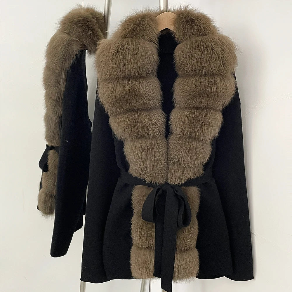 OFTBUY Luxury Warm Winter Fashion Outerwear New Women's Knit Cardigan with Oversized Real Fox Fur Trim Self-Tie Belt Sweater