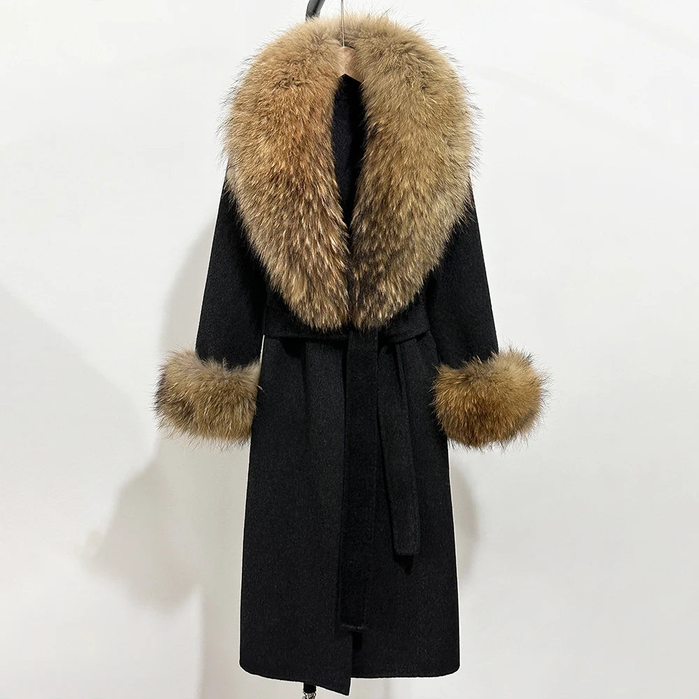 OFTBUY Fashion Warm Woolen Jacket with Real Fox Fur Collar and Cuffs New Autumn Winter Wool Clothing Women Long Belt Outerwear
