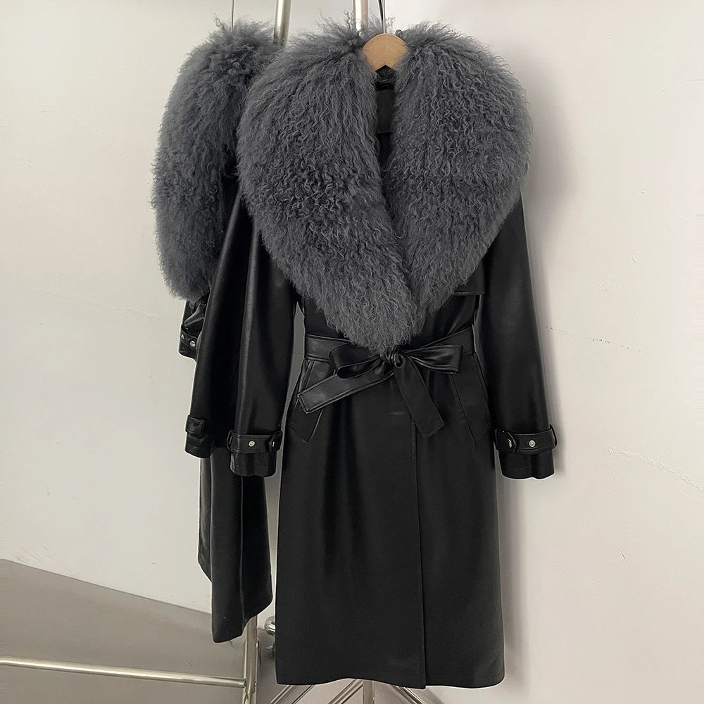 OFTBUY New Women's Long Faux Leather Trench Coat with Real Mongolian Sheep Fur Collar Belted Waist Luxury Jacket Warm Outerwear