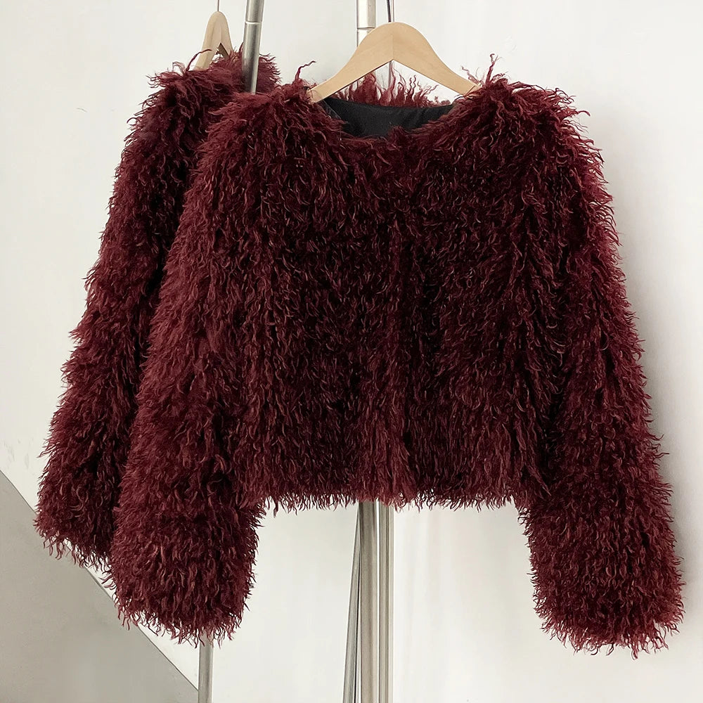 OFTBUY Cropped Faux Mongolia Sheep Fur Jacket