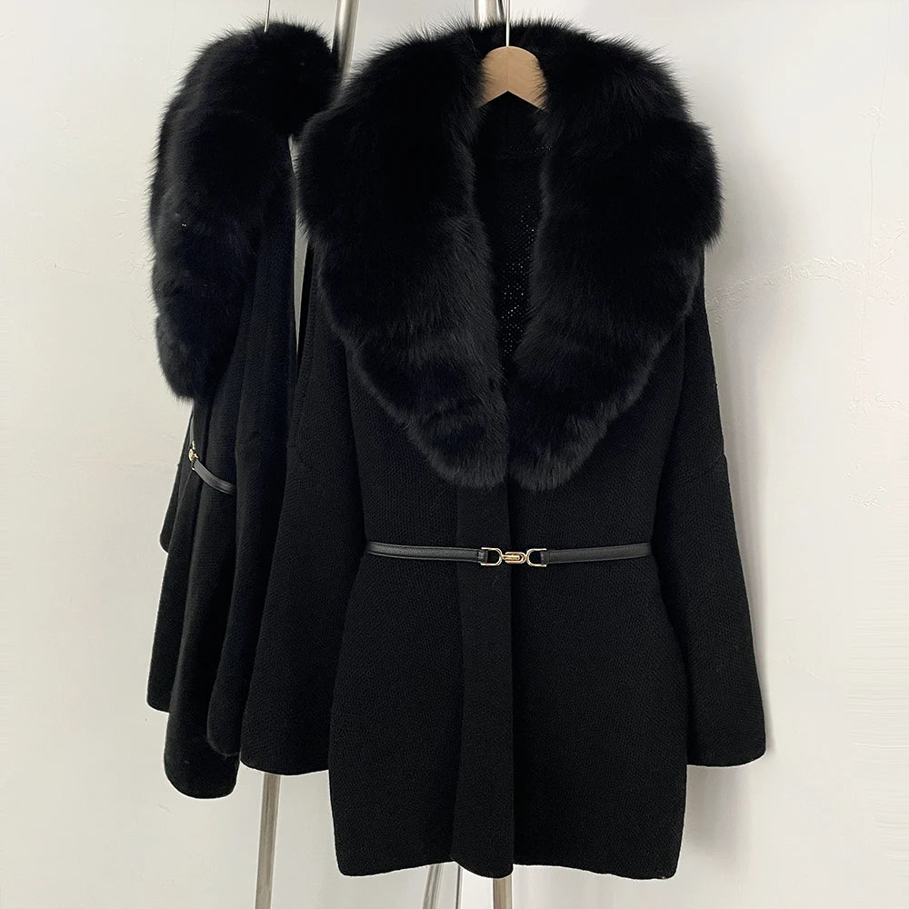 OFTBUY New Autumn Winter Luxury Fashion Outerwear Lady Women's Knit Coat with Large Real Fox Fur Collar Belt Textured Knit Warm