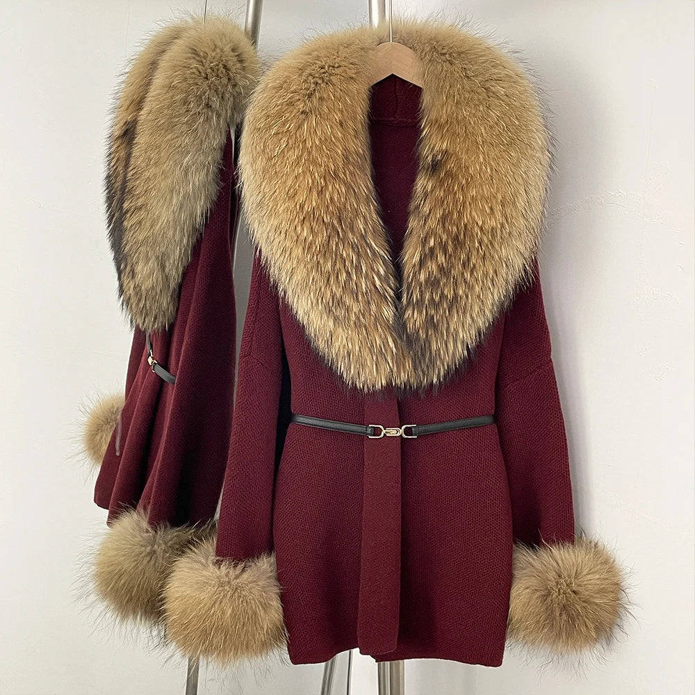 OFTBUY Belt Knit Warm Winter Luxury Casual Fashion Outerwear Sweater Female New Women's Knit Coat with Large Real Fox Fur Collar