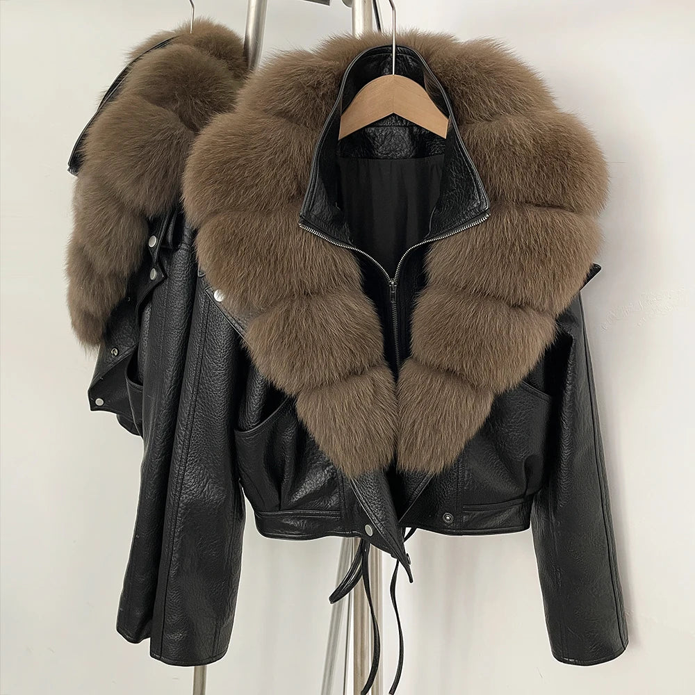 OFTBUY Women's Black Faux Leather Moto Jacket with Real Fox Fur Collar PU Leather Cropped Biker Coat Female New Winter Outerwear