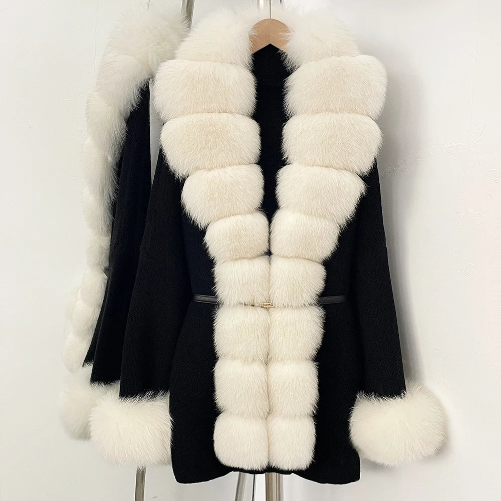 OFTBUY Belt Textured Knit Warm Winter Luxury Outerwear Female Sweater Cardigan New Women's Knit Coat with Large Real Fox Fur