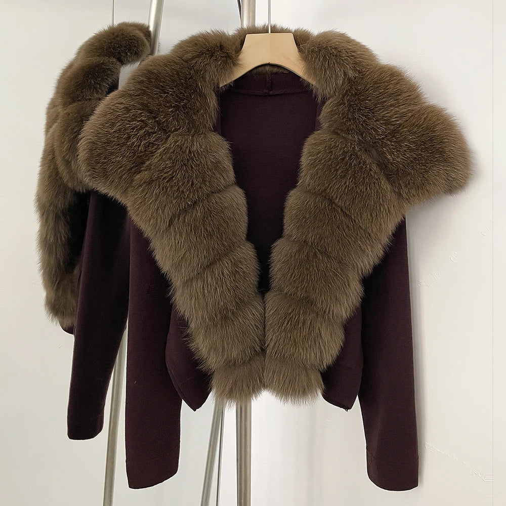 OFTBUY Women's Short Cardigan with Big Real Fox Fur Collar New Autumn Winter Knit Clothing Female Natural Fur Warm Sweater Lady