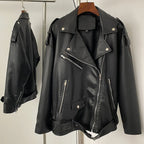 OFTBUY Women's Vintage Black Faux Leather Jacket with Waist Belt Lapel Collar PU Leather Coat Lady New Elegant Office Outerwear