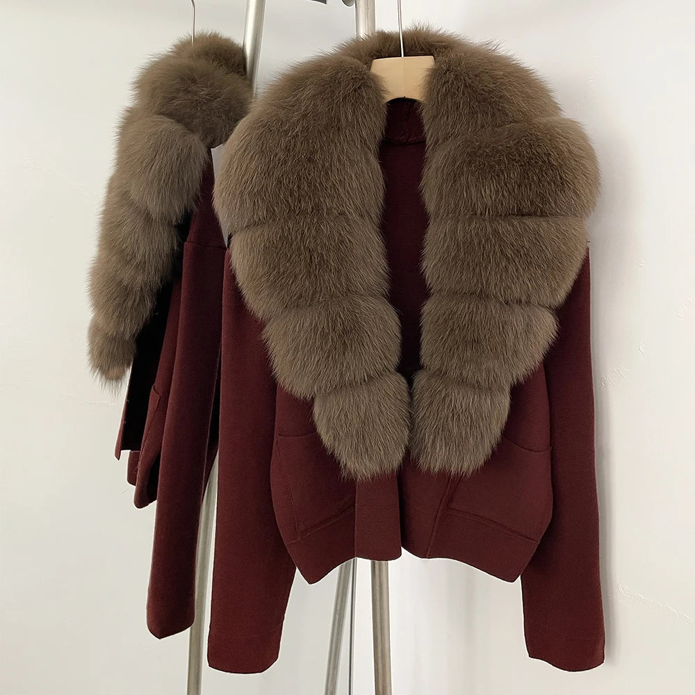 OFTBUY New Women's Knit Cardigan with Large Real Fox Fur Collar Loose Fit Warm Winter Fashion Lady Outerwear Sweater Female