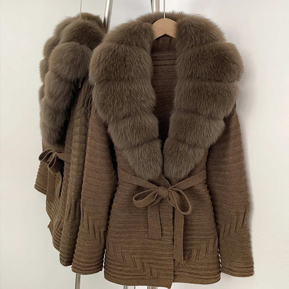 OFTBUY New Women's Knit Coat with Large Real Fox Fur Collar Belted Waist Striped Texture Pockets Winter Luxury Elegant Outerwear