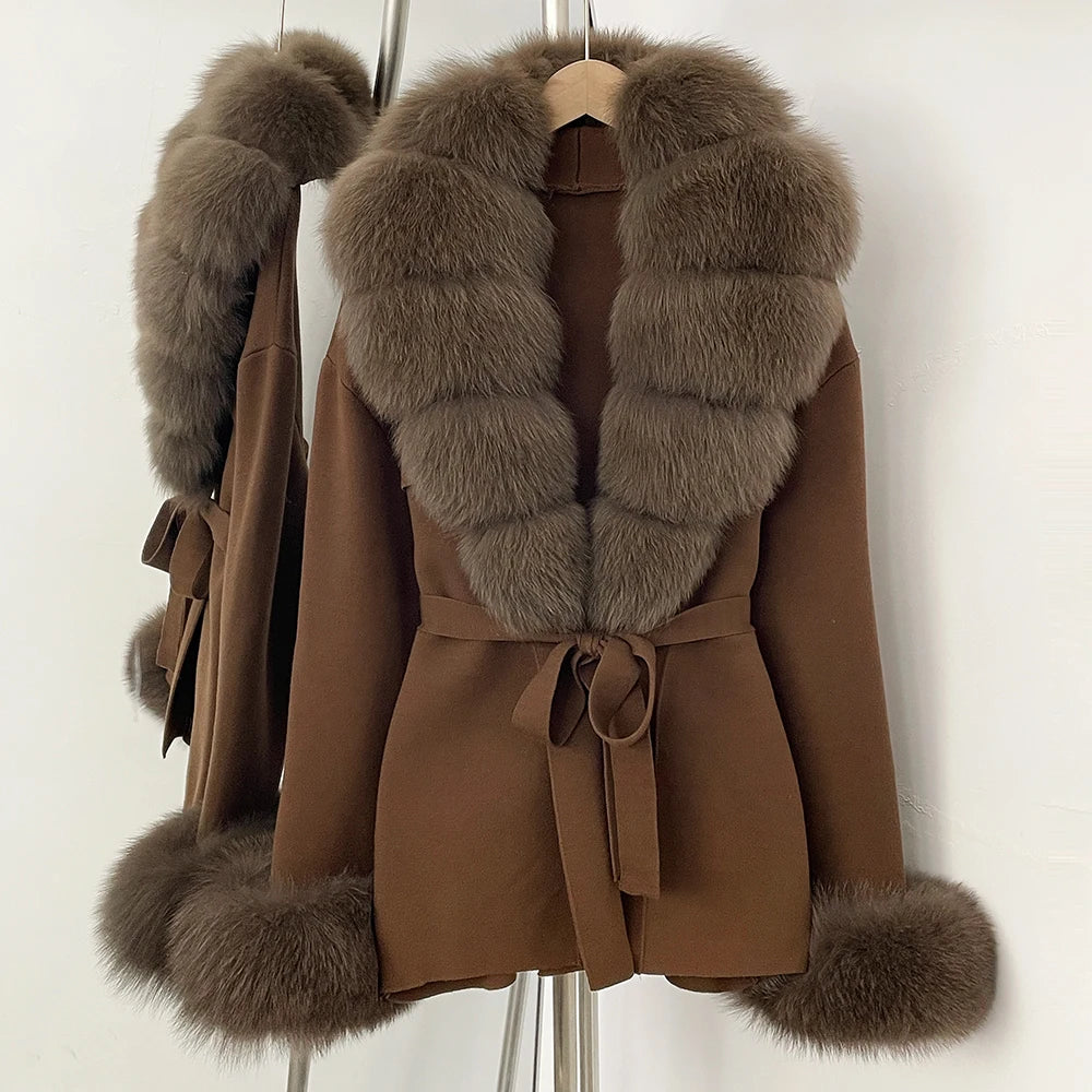 OFTBUY New Women's Knit Cardigan with Real Fox Fur Collar and Cuff Belt Luxury Coat Warm Autumn Fashion Outerwear Sweater Female