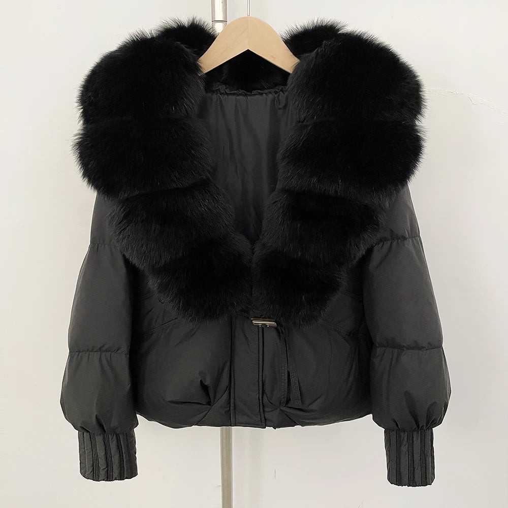 OFTBUY Luxury 90% Duck Down Puffer Jacket with Oversized Real Fox Fur Collar - Short Tiered Winter Coat