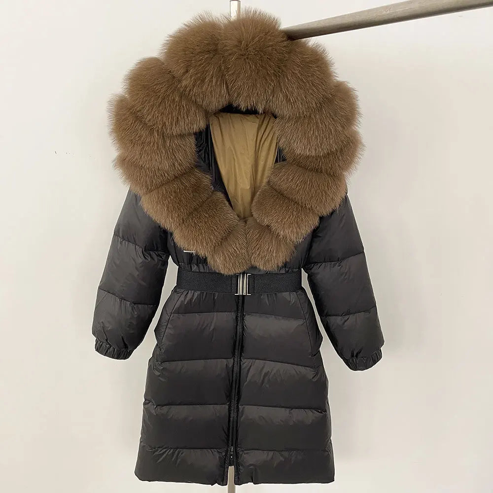 OFTBUY New Natural Thick Warm Duck Down Coat Female Long Winter Jacket Women Real Big Fox Fur Collar Belt Loose Puffer Parka