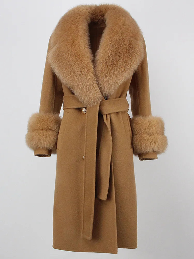 OFTBUY Winter Jacket Women Long Natural Wool Blends Cashmere Real Fur Coat Double Breasted Belt Warm Streetwear New Fashion