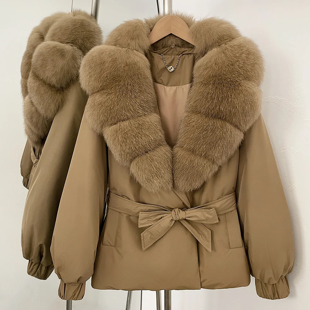 OFTBUY Winter Warm Women Real duck Down Jackets Natural Real Fox Fur Collar Puffer Jackets Belt Female Outwear Coats Hot Sale
