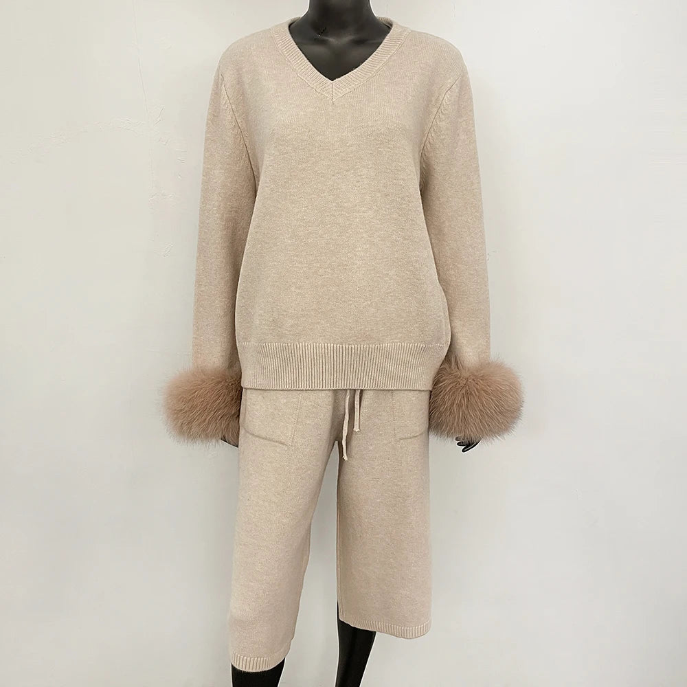 OFTBUY New Women's Knitted Two Piece Set with Real Fox Fur Cuffs V Neck Warm Winter Casual Elegant Outfit Sweater Female