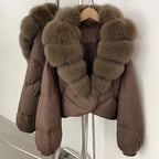 OFTBUY New Winter Real Fox Fur Short Puffer Jackets Women Natural Thick Warm 90% White Duck Down Cropped Loose Waterproof Coat