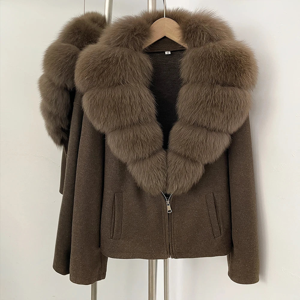 OFTBUY Women's Luxury Real Fox Fur Collar Knit Coat Warm New Autumn Winter Jacket Female Elegant Cardigan Sweater Outerwear