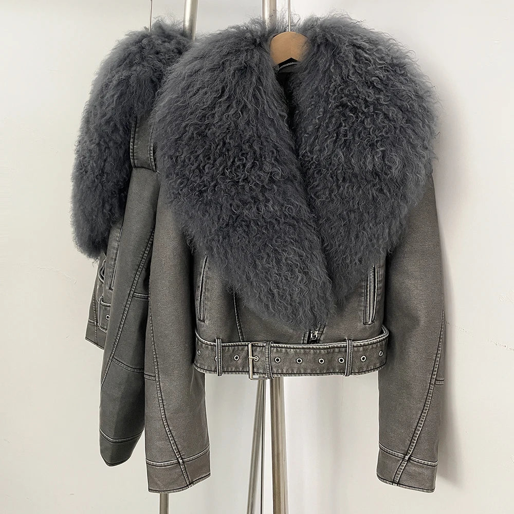 OFTBUY New Autumn Winter Clothes Women Fashion Warm Short Faux Leather Jacket Female Luxury Real Mongolia Sheep Fur Collar Coat
