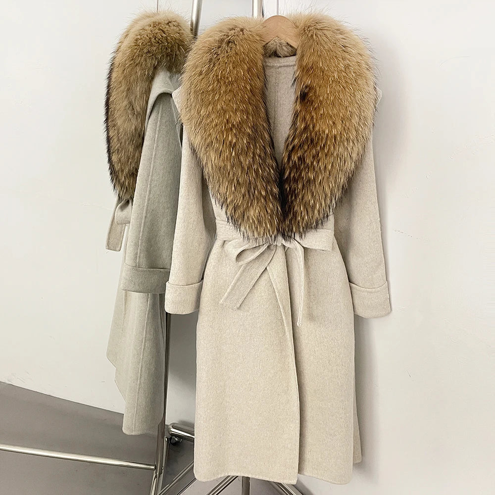 OFTBUY Belted Elegant Warm Outerwear Coat Female Women's Luxury Double-Faced Wool Jacket Winter Oversized Real Fox Fur Collar