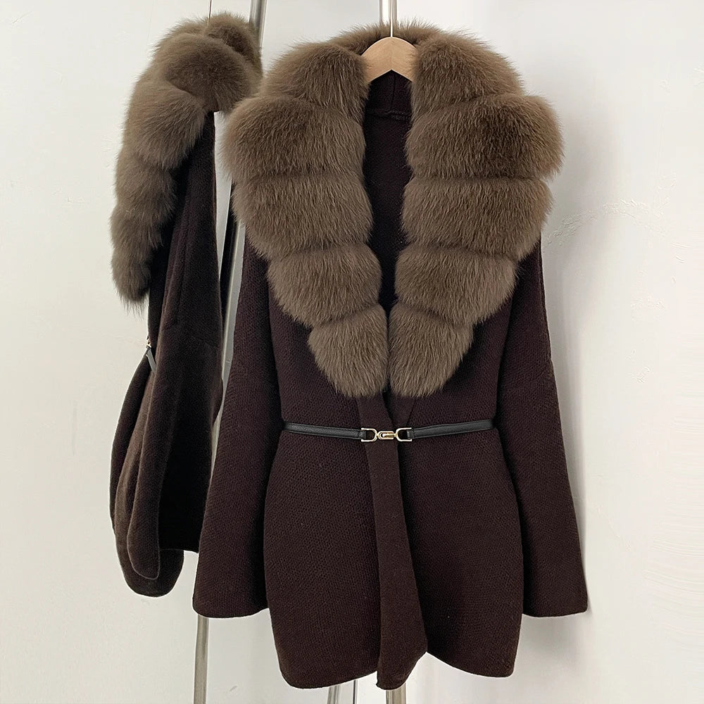 OFTBUY New Autumn Winter Luxury Fashion Outerwear Lady Women's Knit Coat with Large Real Fox Fur Collar Belt Textured Knit Warm