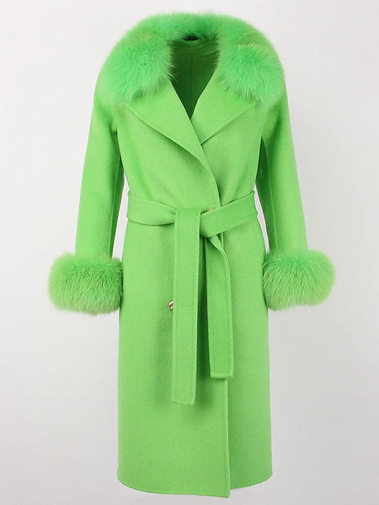 OFTBUY Winter Jacket Women Long Natural Wool Blends Cashmere Real Fur Coat Double Breasted Belt Warm Streetwear New Fashion
